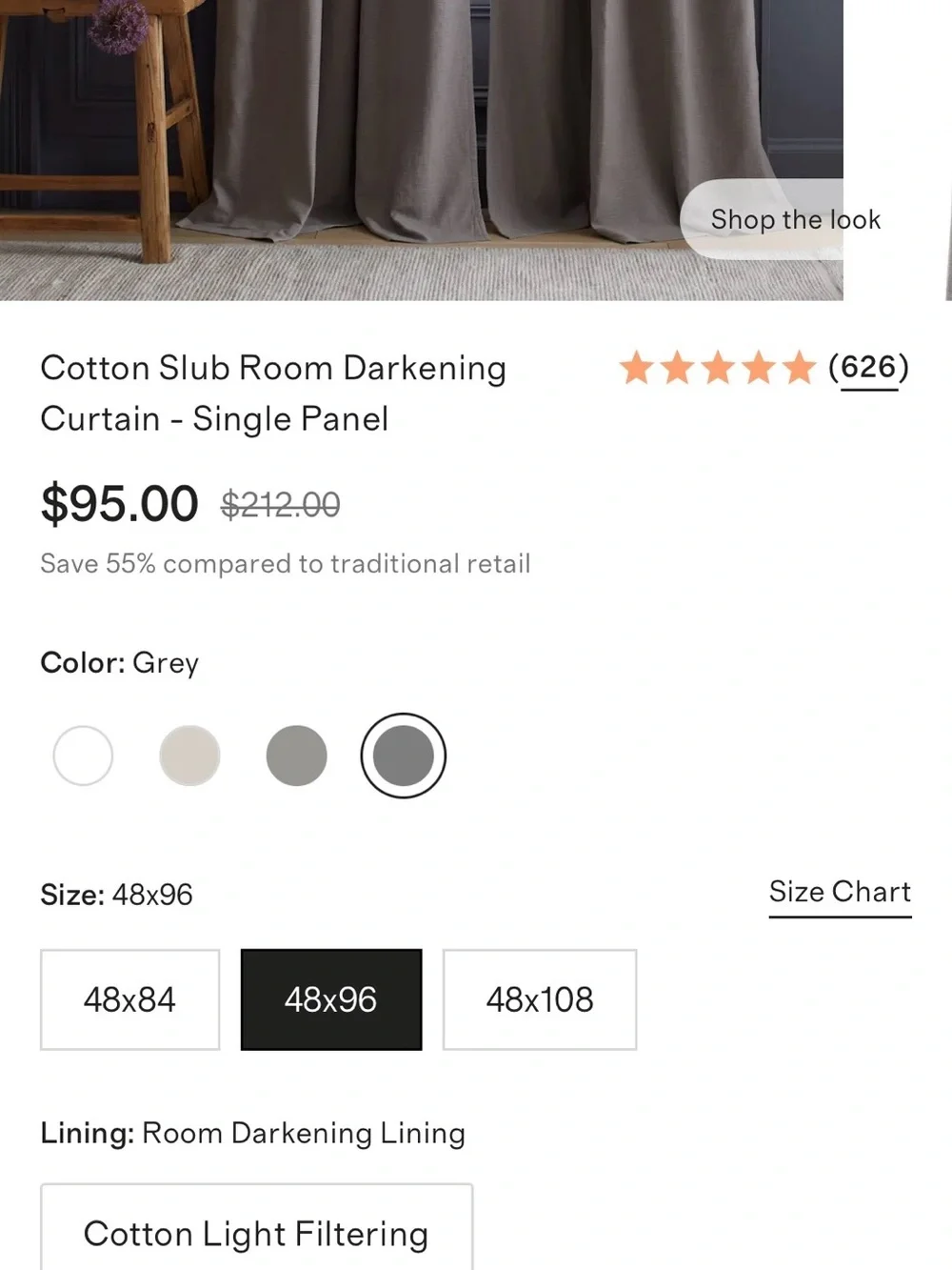 Quince 100% Cotton Grey Slub Room Darkening Curtains Drapes 48